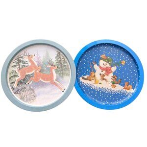 Vintage Christmas Reindeer Cookie Trays, Metal Holiday Snowman Trays - Set of 2